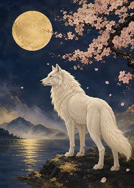 White Wolf Under Cherry Blossoms