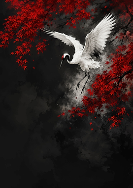 Crane and Maple Leaves