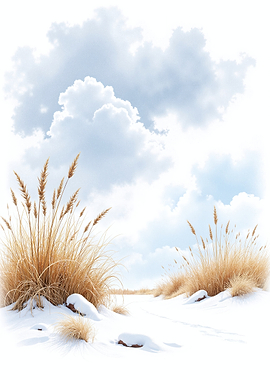 Winter landscape with reeds and clouds