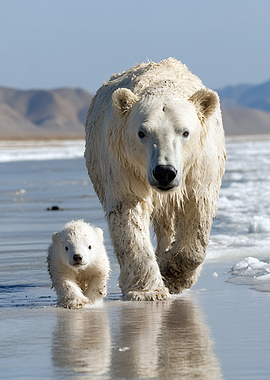 Polar Bear Mother and Cub Walking