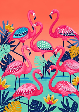 Vibrant Flamingos in Tropical Setting