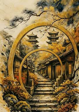 Golden Archway – Japanese Pagoda Path – Abstract Fantasy #96