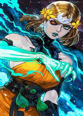 Goddess with glowing hand and fiery eyes
