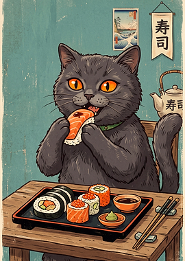 Cat Eating Sushi