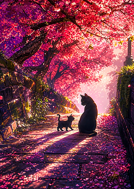 Two Black Cats Under Cherry Blossoms