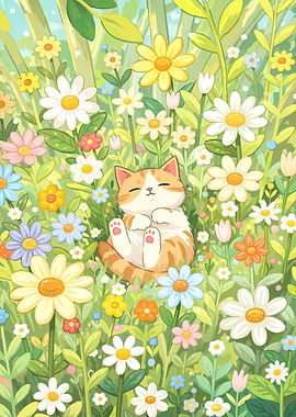 Cute Cat Sleeping in a Field of Flowers
