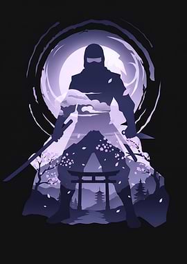 Ninja Silhouette with Japanese Landscape