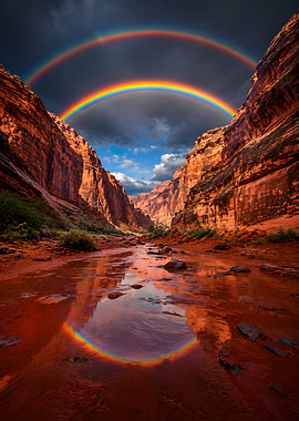 Double Rainbow Over Canyon River