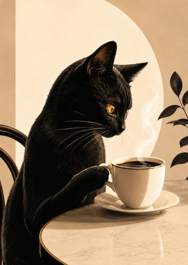 Black Cat Drinking Coffee