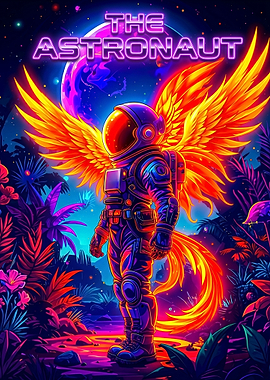 Astronaut with Fiery Wings in Alien Jungle