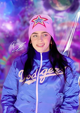 Billie Eilish in Blue Jacket and Pink Beanie