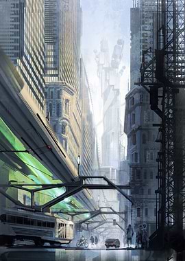 Futuristic Cityscape with Elevated Train