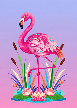Pink Flamingo in a Floral Pond