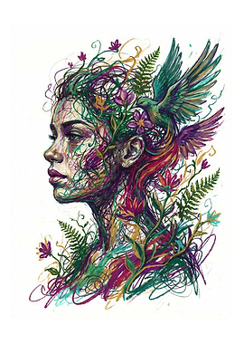 Woman's Face with Flowers and Birds