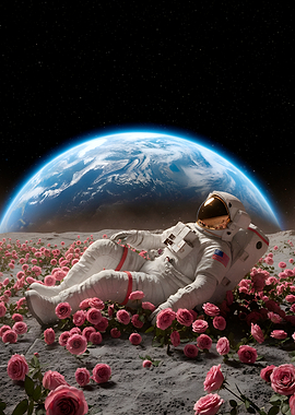 Astronaut relaxing on the moon with roses