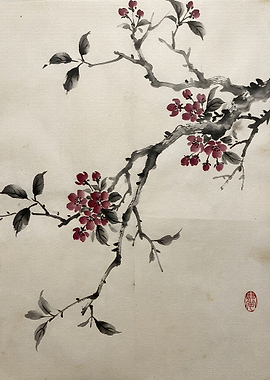 Japanese Ink Painting of Cherry Blossoms