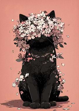 Black Cat with Cherry Blossoms