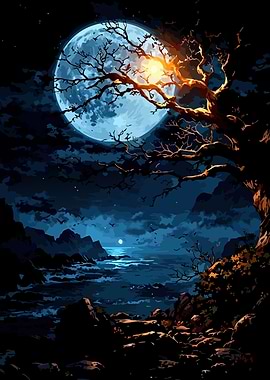 Moonlit Coastal Landscape with Tree