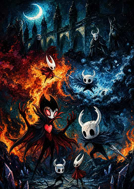 Hollow Knight Characters in Fiery and Icy Battle
