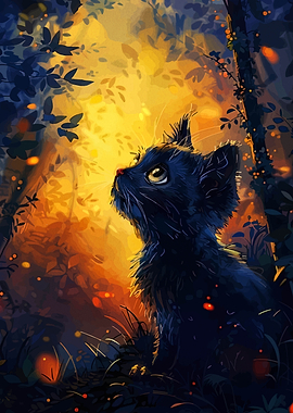 Black kitten in a magical forest