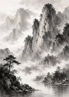 Misty Mountain Landscape Painting