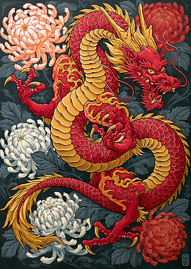 Red Dragon with Chrysanthemums