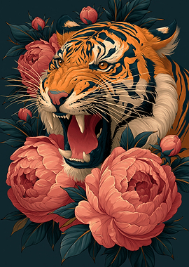 Tiger Roaring Amongst Peonies
