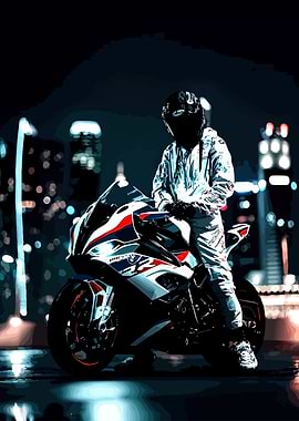 Rider on a BMW motorcycle at night