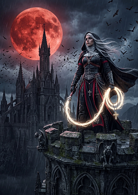 Gothic Nun with Whip and Red Moon