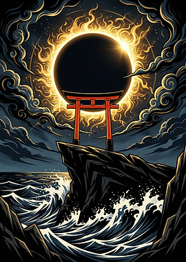 Japanese Torii Gate Stormy Sea Solar Eclipse Dark Fantasy Art