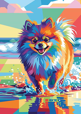Pomeranian Dog Running in Water