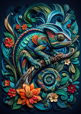 Vibrant Chameleon Amidst Floral Foliage