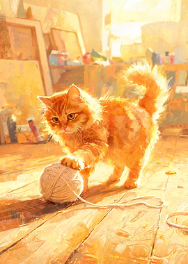 Fluffy Orange Kitten Plays with Yarn