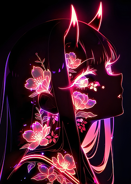 Neon Anime Girl with Flowers