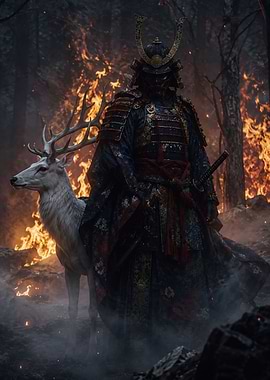 Samurai Warrior with White Stag in Burning Forest