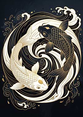 Japanese Koi Fish Yin Yang Whirlpool Motion Zen Wall Art