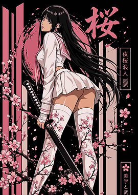 Girl with Katana and Cherry Blossoms