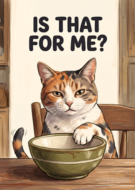 Hungry Calico Cat at the Dinner Table