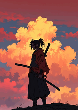 Samurai warrior against dramatic sunset clouds
