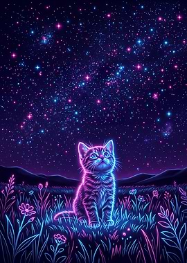 Neon Cat Sweet Kitten Under Starry Sky