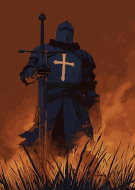 Knight with Sword in Fiery Landscape