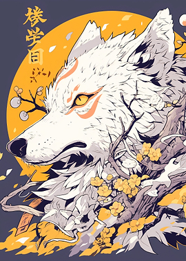 White Wolf with Yellow Eyes and Flowers