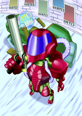Sci-fi bounty hunter with weapon