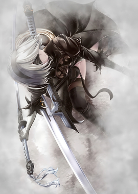Anime character with swords in mist
