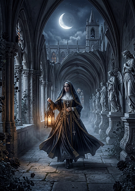 Nun with Lantern in Gothic Cloister