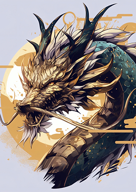 Golden Dragon Head with Teal Scales