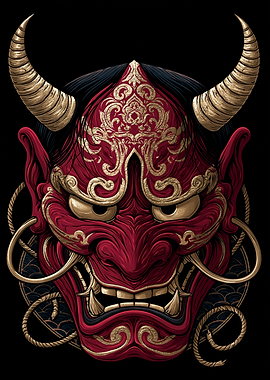 Red Oni Mask with Gold Ornaments