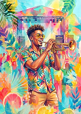 Man playing trumpet at a vibrant festival