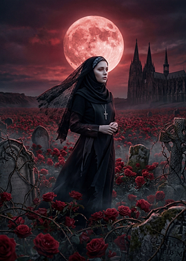 Nun in a rose cemetery under a blood moon