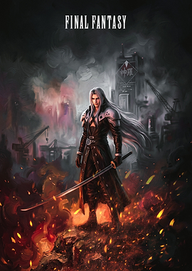 Sephiroth in a fiery industrial setting